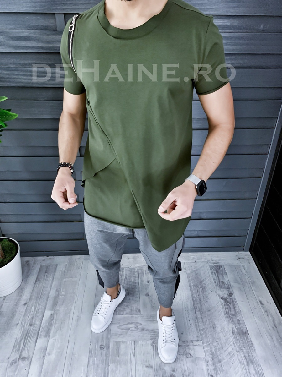 Tricou barbati slim fit asimetric kaki ZR A9134 P1-3
